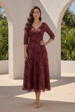 Floral Burnout A-Line Tea-Length Dress with 3/4 Sleeves