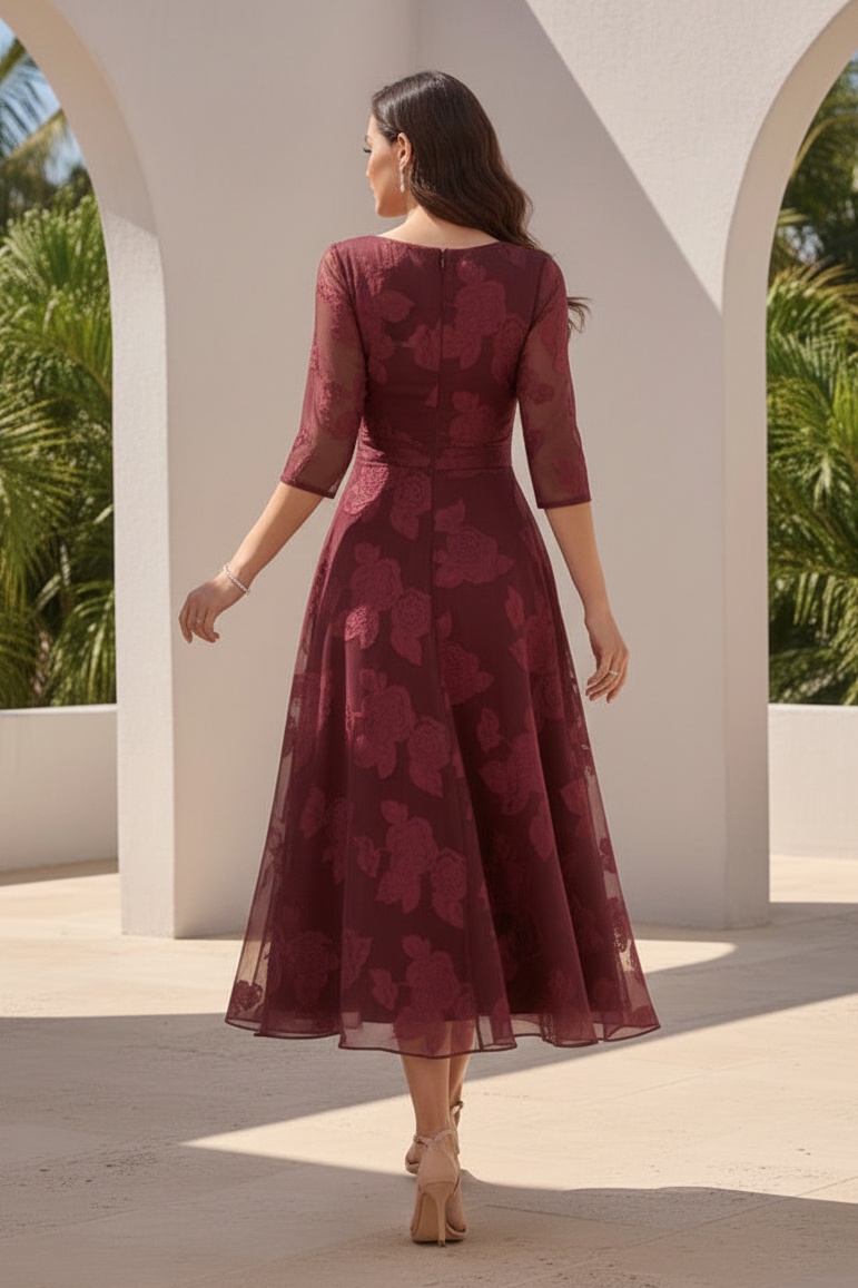 Floral Burnout A-Line Tea-Length Dress with 3/4 Sleeves