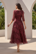Floral Burnout A-Line Tea-Length Dress with 3/4 Sleeves