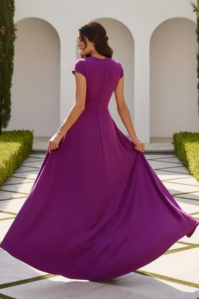 V-Neck Side Ruffle Evening Gown with Front Slit