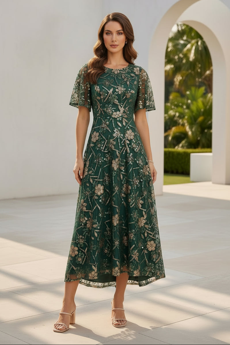 Sequin Floral A-Line Midi Dress with Flutter Sleeves