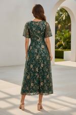Sequin Floral A-Line Midi Dress with Flutter Sleeves