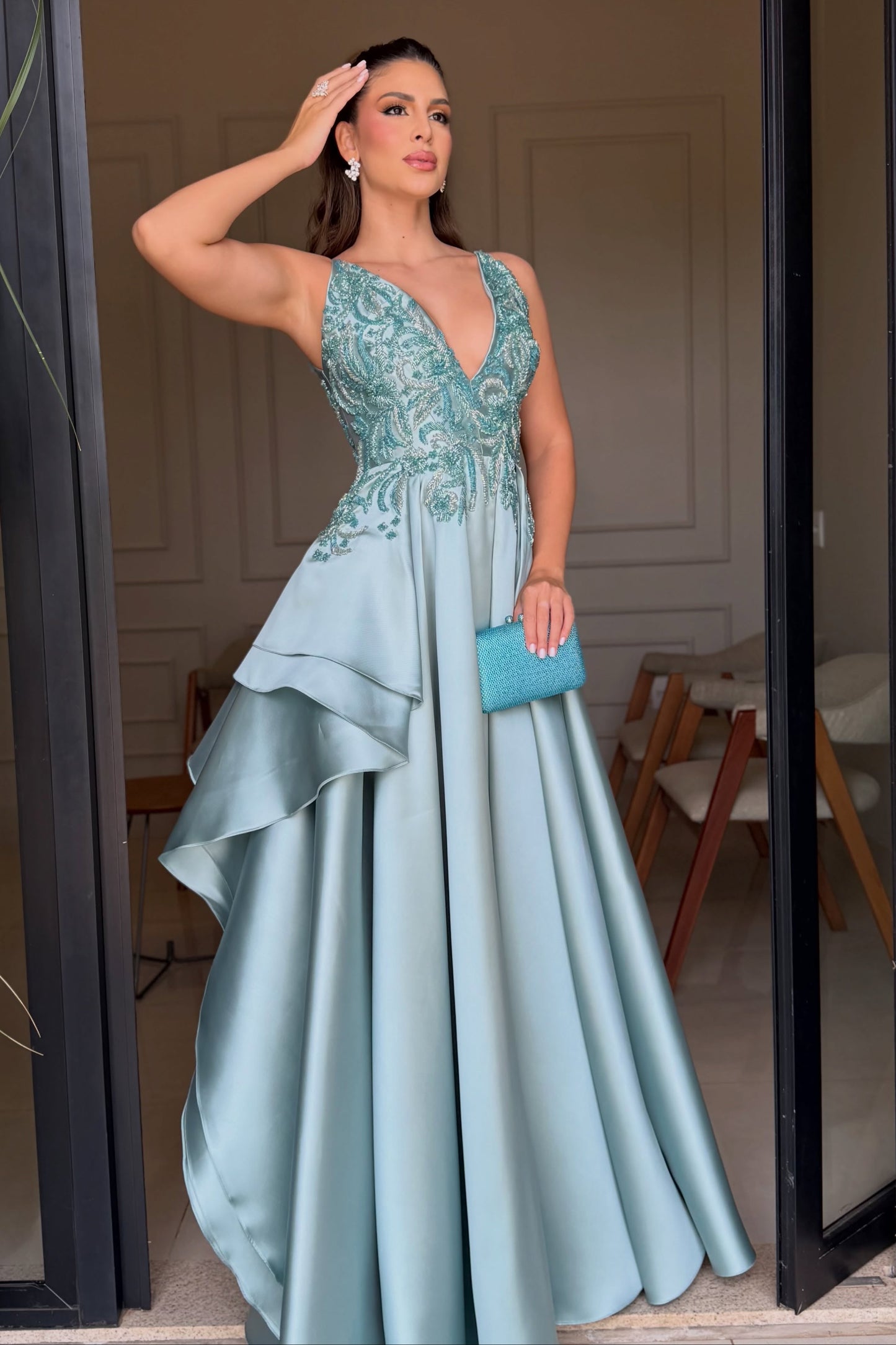 Beaded Bodice Satin A-Line Gown with Cascading Skirt