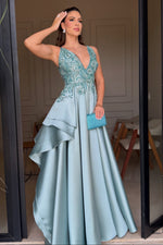 Beaded Bodice Satin A-Line Gown with Cascading Skirt