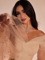 Off-the-Shoulder Ruched Tulle Evening Gown
