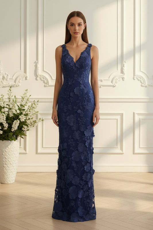 3D Floral Applique V-Neck Column Gown