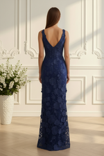3D Floral Applique V-Neck Column Gown