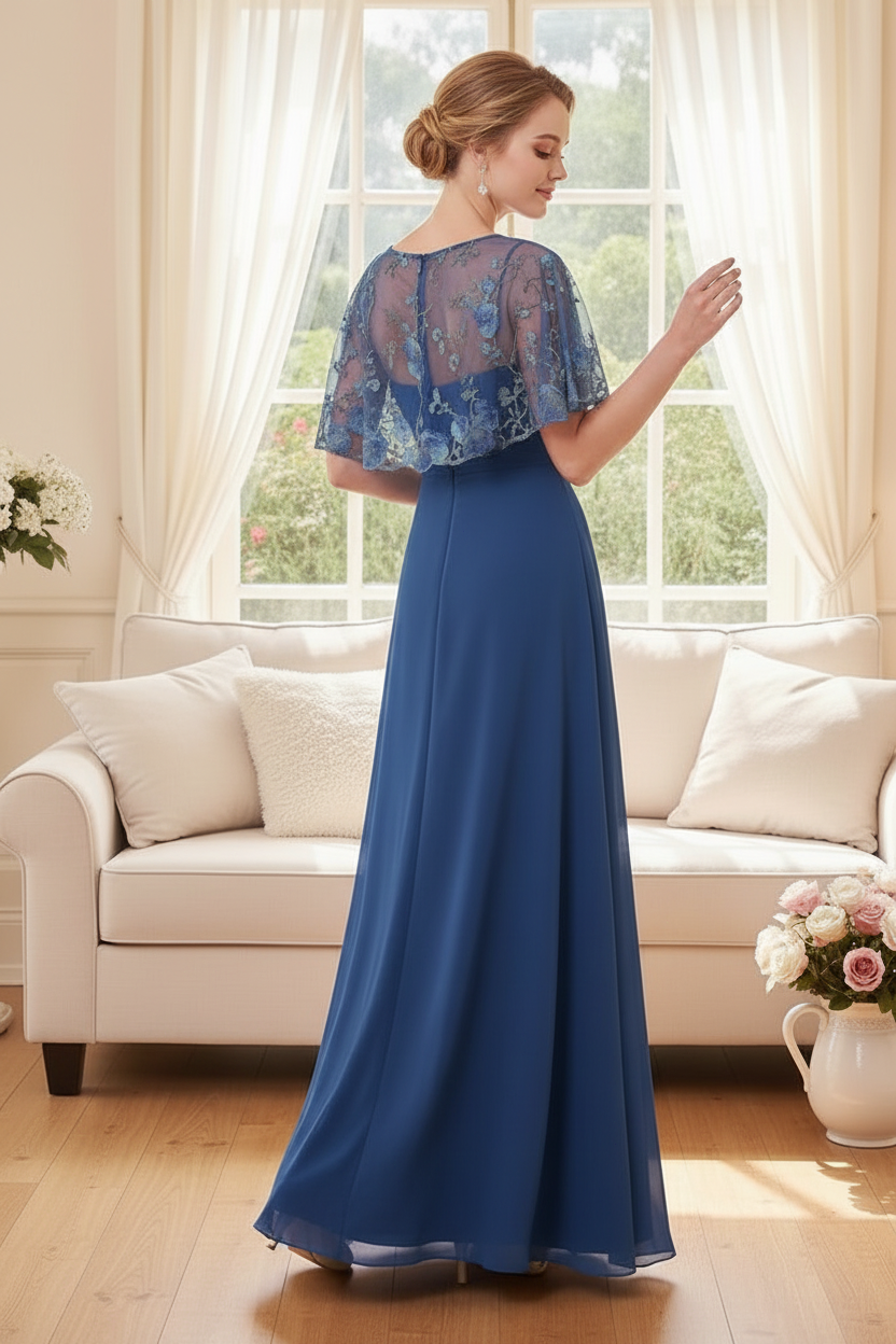 Embroidered Capelet Pleated Bodice Formal Dress