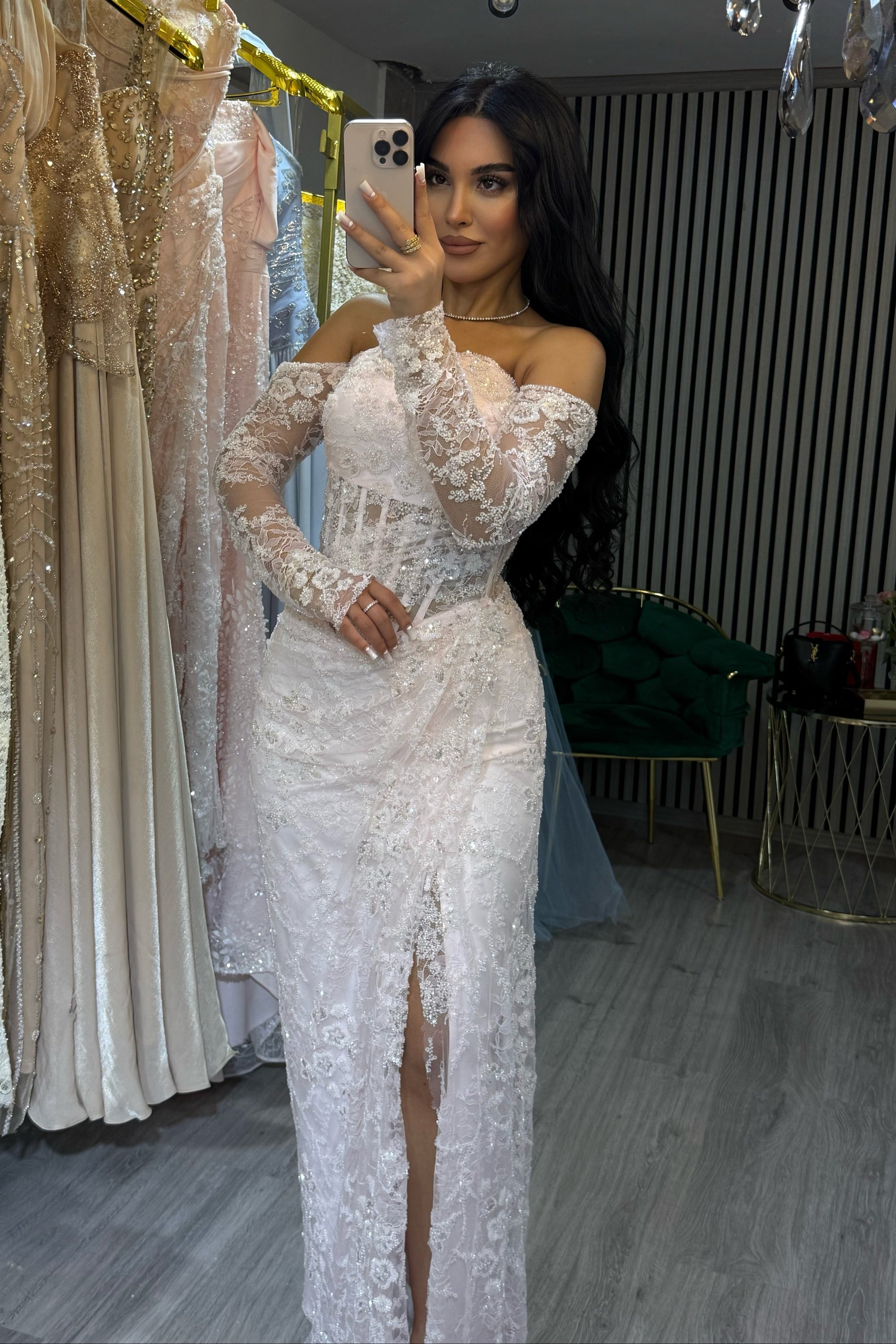 Off-the-Shoulder Lace Evening Gown with Slit