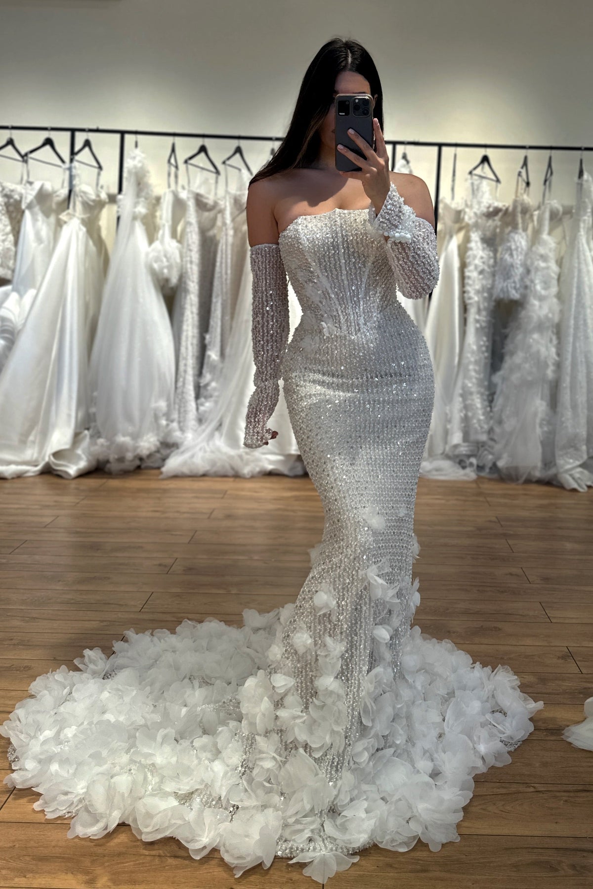 Beaded Mermaid Wedding Dress with Floral Train