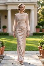Ruched Column Gown with Sheer Bishop Sleeves