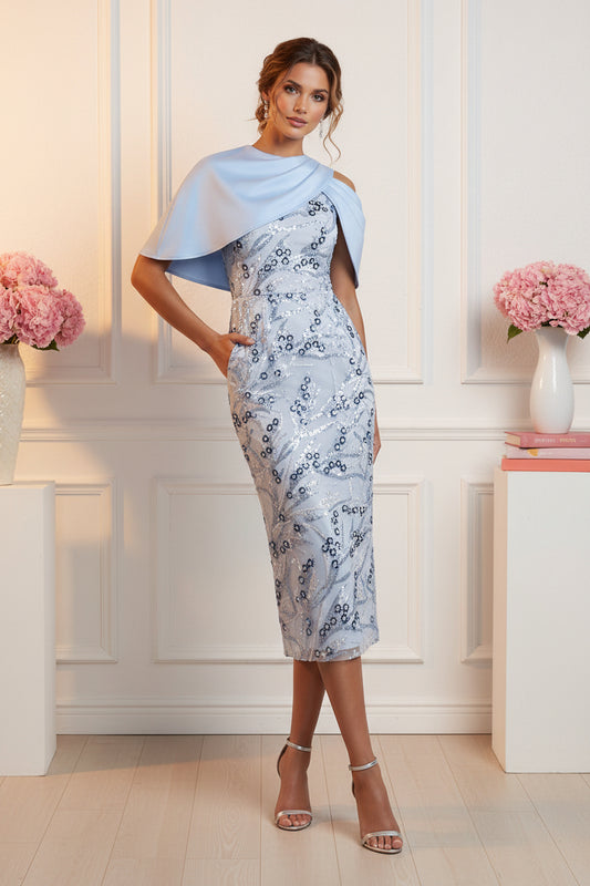 Asymmetrical Cape Floral Sequin Sheath Midi Dress
