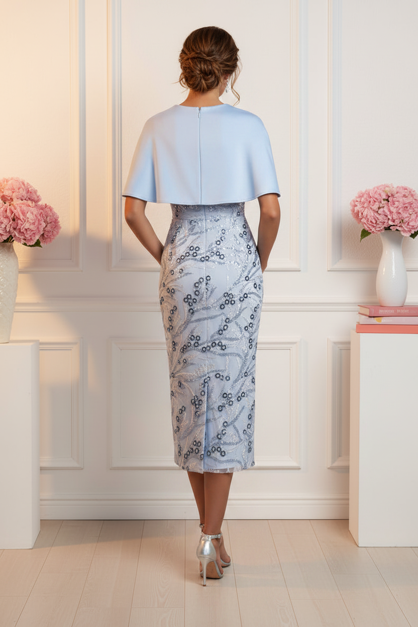 Asymmetrical Cape Floral Sequin Sheath Midi Dress