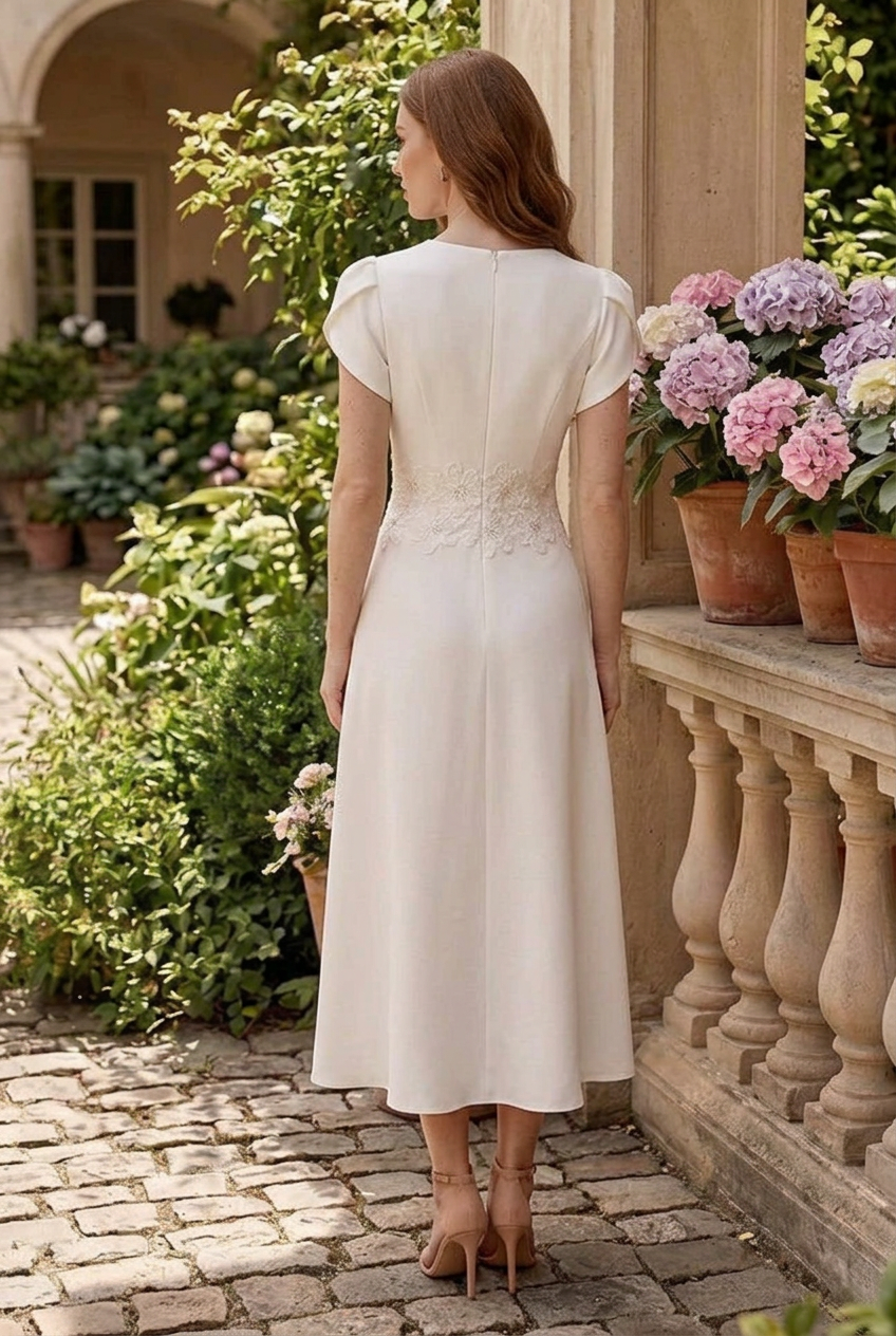 Floral Applique Midi Dress with Flutter Sleeves