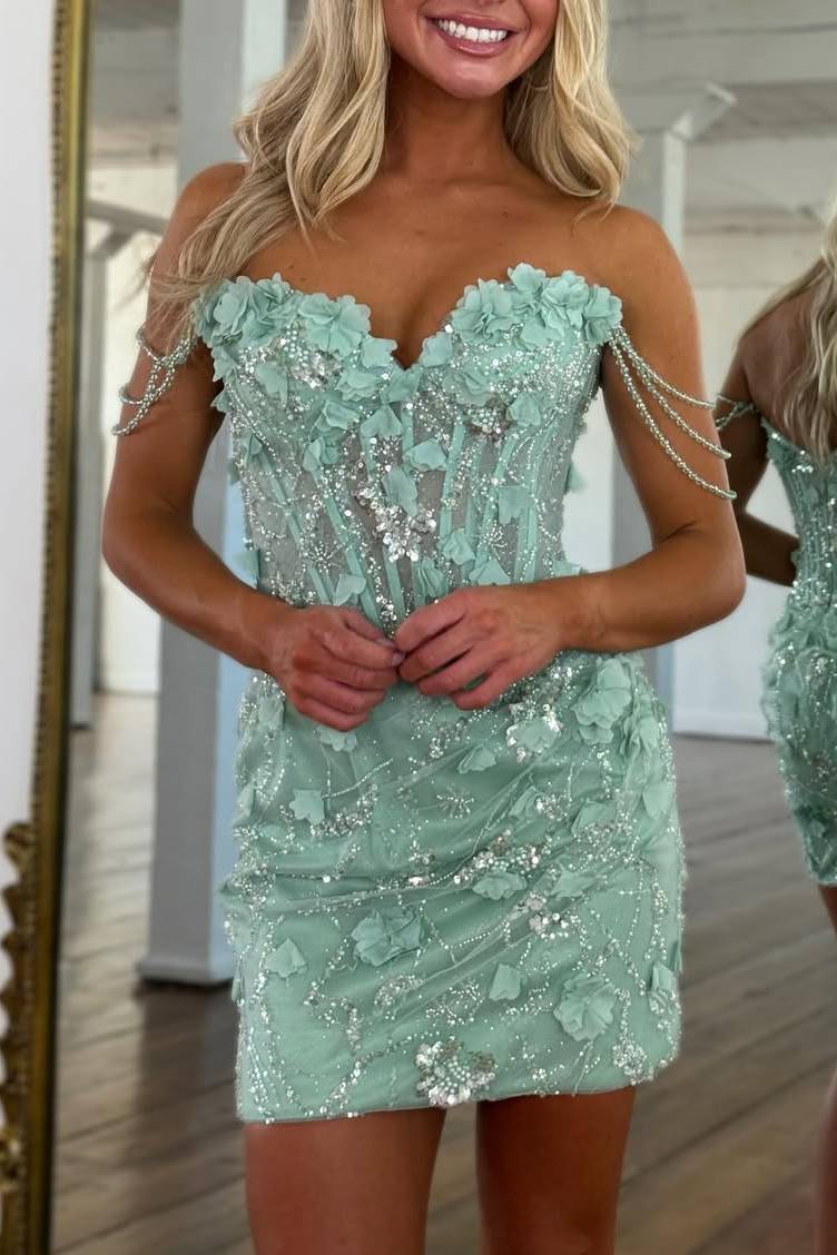 Floral Applique Corset Mini Dress with Beaded Straps