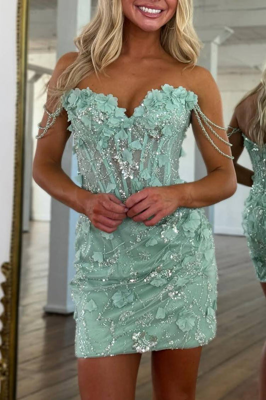 Floral Applique Corset Mini Dress with Beaded Straps