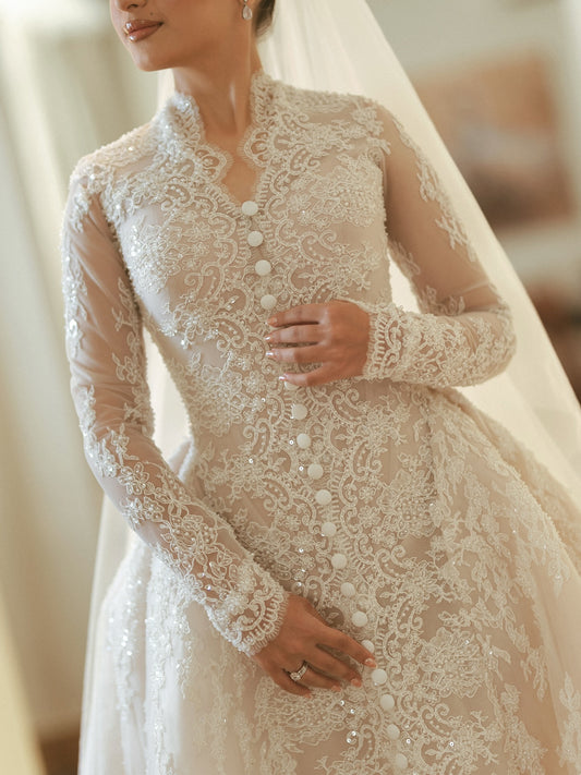 Long Sleeve Lace Ball Gown Wedding Dress