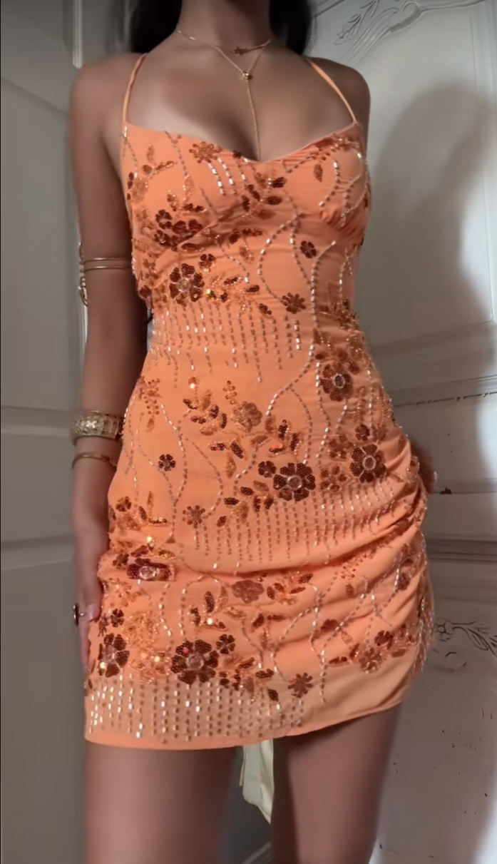 Sequin Floral Mini Dress with Crisscross Open Back