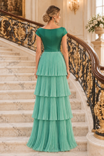 Tiered Pleated Evening Gown with Beaded Waist Applique