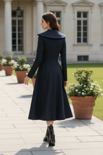 Double-Breasted Pinstripe Midi Dress with Wide Collar