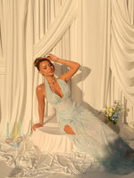 Halter Neck Lace Evening Gown with High Slit