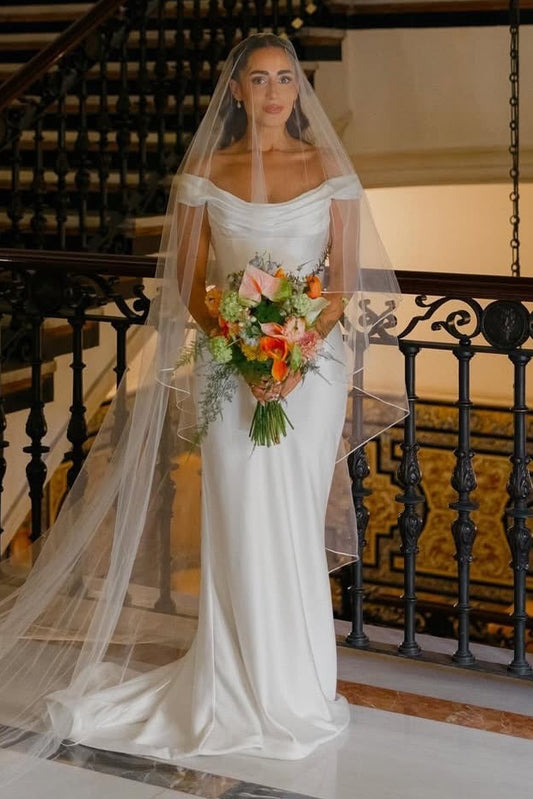 Off-the-Shoulder Cowl Neck Satin Wedding Dress