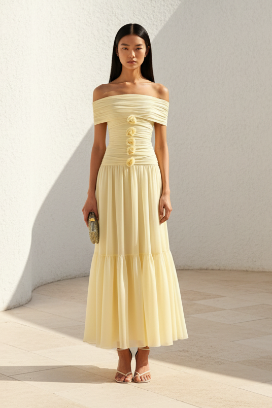 Off-Shoulder Ruched Tiered Maxi Dress