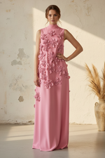 Elegant Pink High Neck Sleeveless 3D Floral Column Gown