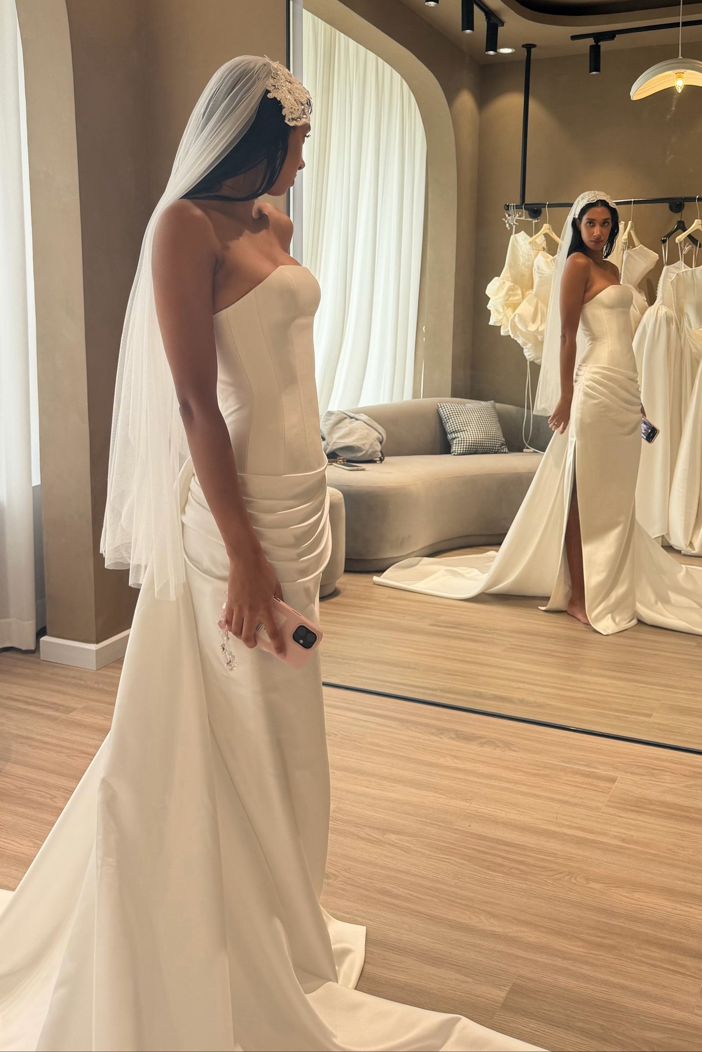 Strapless Ruched Corset Wedding Dress with Slit