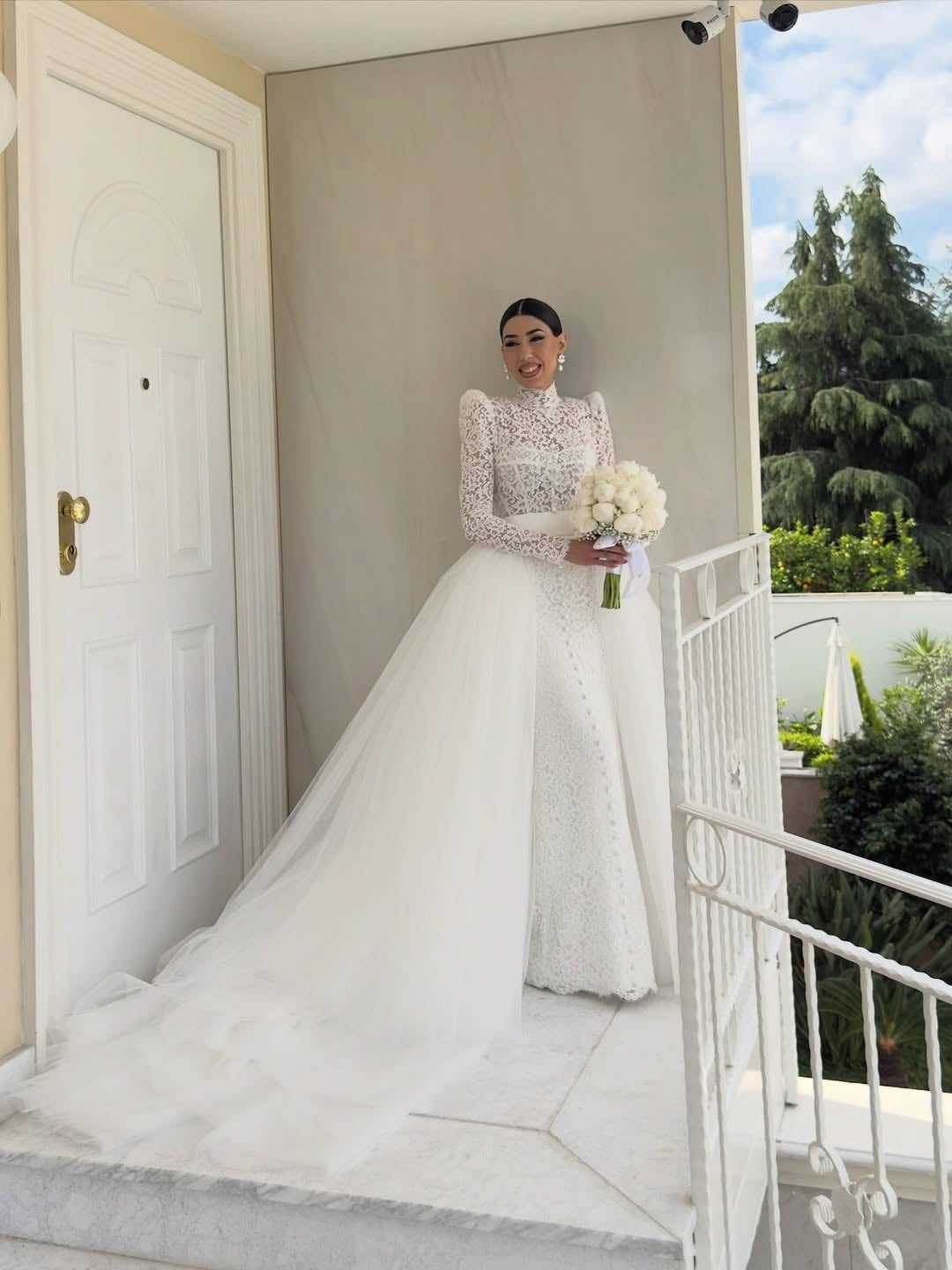 High Neck Lace Mermaid Wedding Dress with Detachable Train