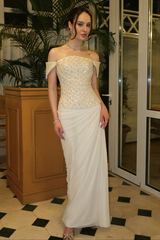 Off-the-Shoulder Beaded Corset Evening Gown