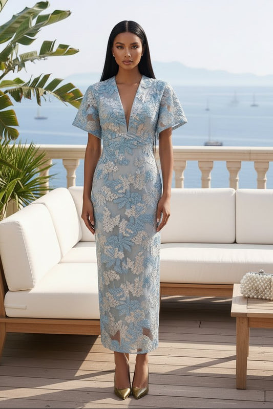 Floral Embroidered Flutter Sleeve Midi Dress