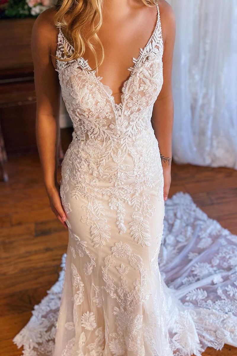 Boho Lace Mermaid Wedding Dress with Open Back