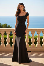 Beaded Bodice Asymmetrical Draped Evening Gown