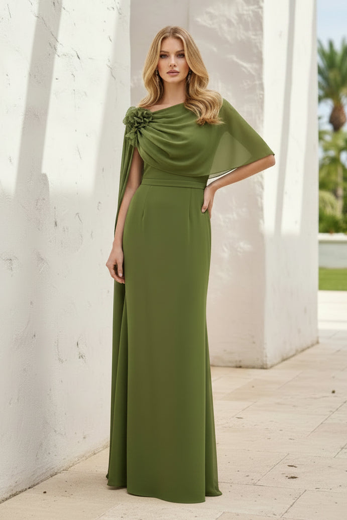 One-Shoulder Chiffon Gown with Cape Drape
