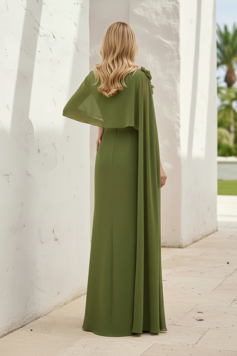 One-Shoulder Chiffon Gown with Cape Drape