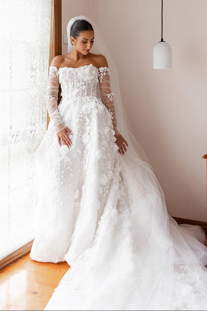 Off-The-Shoulder 3D Floral Corset Wedding Dress