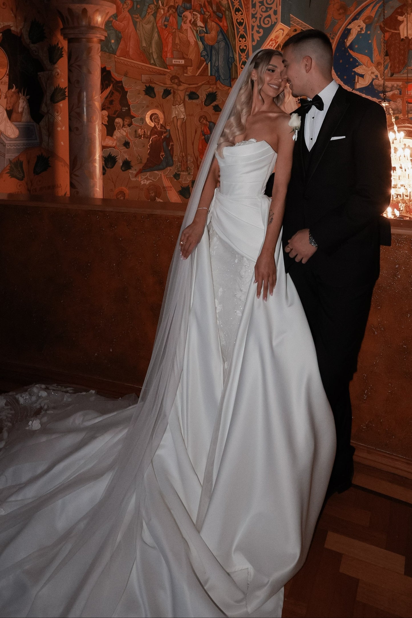 Strapless Ruched Wedding Dress with Overskirt