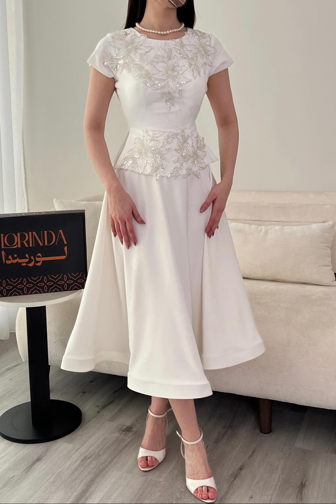 Embroidered Peplum Tea-Length Two-Piece Dress