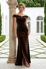 Off-the-Shoulder Ruched Velvet Gown with Slit