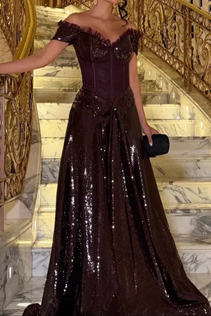 Off-the-Shoulder Sequin Corset Evening Gown
