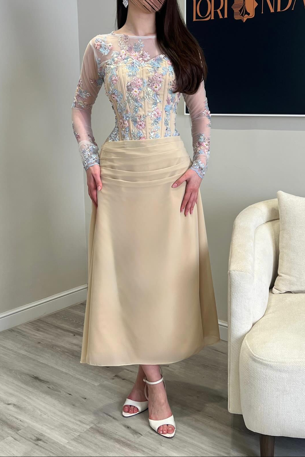 Embroidered Illusion Sleeve Midi Dress