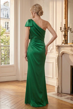 One-Shoulder Satin Bow Evening Gown