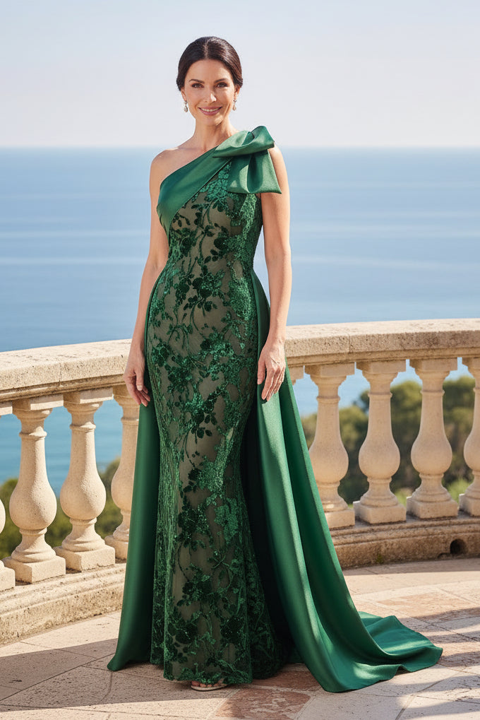 One-Shoulder Floral Applique Gown with Overskirt
