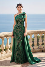 One-Shoulder Floral Applique Gown with Overskirt