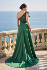 One-Shoulder Floral Applique Gown with Overskirt