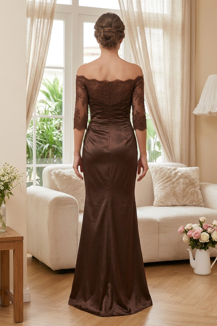 Off-the-Shoulder Lace & Ruched Satin Gown
