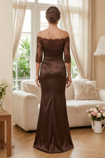 Off-the-Shoulder Lace & Ruched Satin Gown
