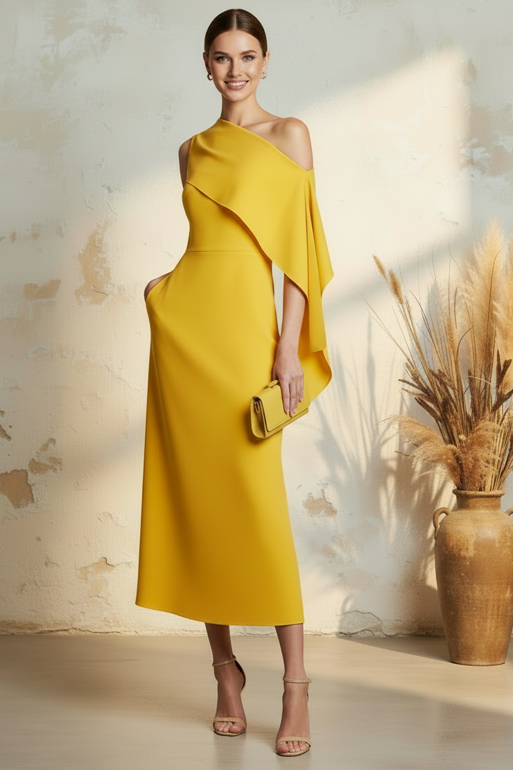 Elegant One Shoulder Cape Detail Midi Dress