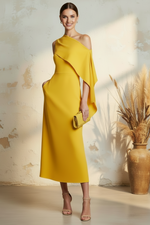 Elegant One Shoulder Cape Detail Midi Dress